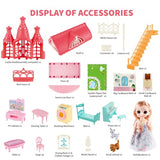 Princess Castle Dollhouse with 4 Large Dream House Rooms and Doll Toy Figures, Furniture, Portable Plastic Toddler Doll Houses Christmas Birthday Gifts for Kids 4 5 6 7 8 Year Old Girls - XpdStart