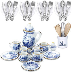 37 Pieces 1:12 Scale Miniatures Dollhouse Kitchen Accessories Include 16 Mini Doll Plates Knife Fork Spoon, 6 Mini Egg Beater Utensil, 15 Mini Tea Cup Set for Doll Toy Supplies (Blue Porcelain)