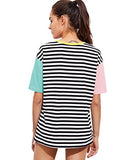 Romwe Women's Colorblock Summer Contrast Neck and Sleeve Casual Striped Tee T-shirt Top pink green Large