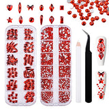 MRTREUP 3120Pcs Nail Rhinestones Kit Flatback Rhinestones Multi Shapes Nail Crystals Nail Stones With Wax Pickup Pen Tweezer ,Nail Gems Rhinestones For Crafts Nail Art Makeup Clothes Decorations(Red)