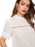 Romwe Women's Short Sleeve Stand Collar Embroidery Button Slim Cotton Blouse Top White XS