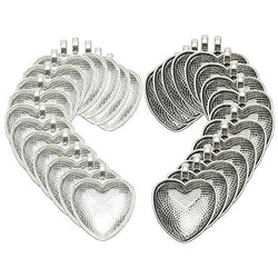 30 Counts Heart Bezels Silver Pendant Trays With 30 Counts Glass Cabochon Heart Dome Tiles For