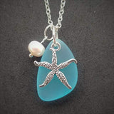 Handmade in Hawaii, turquoise bay blue sea glass necklace,starfish charm,Natural pearl,"December Birthstone", (Hawaii Gift Wrapped, Customizable Gift Message)