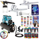 Powerful Master Airbrush Gravity and Siphon Feed Airbrushing System with 3 Airbrushes, 6 U.S. Art Supply Primary Colors Acrylic Paint Set - Cool Running 1/4 hp Twin-Piston Air Compressor, Storage Tank