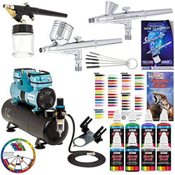 Powerful Master Airbrush Gravity and Siphon Feed Airbrushing System with 3 Airbrushes, 6 U.S. Art Supply Primary Colors Acrylic Paint Set - Cool Running 1/4 hp Twin-Piston Air Compressor, Storage Tank