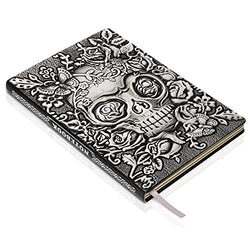 Skull Embossed Leather Journal Notebook - 3D Handmade Vintage Notebooks Travel Diary with Lined Paper Cool Leather Sketchbook Writing Journals Skull Gifts for Women & Men (A5, Silver)