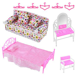Felenny 8PCS Dollhouse Furniture Barbie Princess Furniture Accessories Set Dresser Stool Sofa Bed Hangers Kids Gift for Barbie Doll