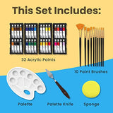 Chalkola Acrylic Paint Set for Adults, Kids & Artists - 45 Piece Acrylic Painting Supplies Kit, with 32 Acrylic Paints (22ml), 10 Painting Brushes, 1 Painting Knife, 1 Sponge & 1 Palette