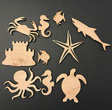 14-Pack Sea Life Beach Ocean Decor Wall Unfinished Wood Cutout Crafts Shapes Cut Outs Sea Turtle, Mermaid, Palm Tree, Dolphin,Seahorse,Sandcastle,Shark,Crab,Octopus,Coral,Star fish