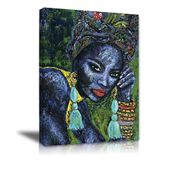 ANGUSCPYS Blue African American Woman Wall Art Framed Picture Canvas Painting for Bedroom Living Room Bathroom Decor Girls Print Artwork Vintage Home Decoration
