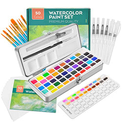 Watercolor Paint Set, 50 Vivid Colors in Portable Box, Including Metallic and Fluorescent Colors, Watercolor Paper, Brushes. Perfect Travel Watercolor Set for Artists, Amateur Hobbyists, Painting Lovers