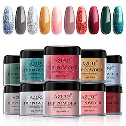 Dip Powder Nail Set, AZUREBEAUTY 10 Colors Rhinestones Glitter Dipping Powder Starter Kit Green Nude Grays Pink Acrylic Nail Powder Kit for French Nails Art Manicure DIY at Home Gift for Mother's Day