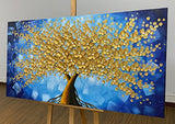 MUWU Paintings 24x48 Inch Lucky Tree Paintings 3D Abstract Paintings Golden Flower Oil Hand Painting On Canvas Wood Inside Framed Ready to Hang Wall Decoration for Living Room (Blue)