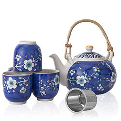 Taimei Teatime Ceramic Japanese Style Tea Set with Handpainted Blue Plum Blossom Pattern, 25 fl.oz Teapot with Infuser and 4 Tea Cup Set, Gift for Women