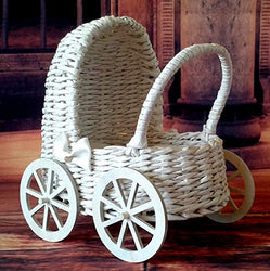 Miniature carriage, handmade wicker dollhouse pram. White trolley with mattress. 1/6 scale doll baby bed