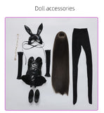 EVASEN 1/3 BJD Doll Bunny Girl Resin Body Toy with Long Black Hair, a Dress with a Black Mask and Shoes, Joints can Move and Make All Kinds of Movements Full Set