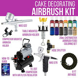 Master Airbrush Cake Decorating Airbrushing System Kit with 12 Color Chefmaster Food Coloring Set - G22 Gravity Feed, G76 Trigger 3 Cup Airbrush, Compressor with Air Tank, Holder, Guide Booklet