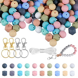 Silicone Beads, 155pcs Silicone Beads for Keychain Making, 12mm Silicone Beads Bulk 14mm Hexagon Rubber Beads for Jewelry Making with Lanyard 5M Silicone Focal Beads for Pen