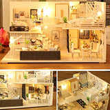 DIY Dollhouse Miniature Kit with Furniture, 3D Wooden Dollhouse Kit Plus Dust Proof & LED Light & Music Movement, 1:24 Scale Creative Room Toys Miniature Dolls House Kit