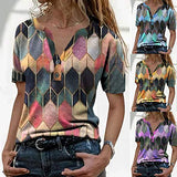 LIWEIKE Women V Neck Tee Shirts, Womens Fashion Geometric Print Buttons Long Sleeve Blouse T-Shirt Pullover Henley Shirt (Blue 04, Medium)