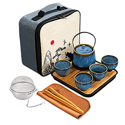 Ceramic Kungfu Tea Set,Chinese Tea Set,Contains Tea Tray and Bag,Tea Sets for Women/Man/Adults,Suitable for Parties and Travel,with Tea Strainer-Stainless