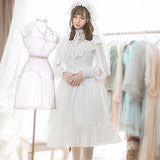 Smiling Angel Women's Princess Embroidery Lace Chiffon Long Sleeve Retro Hollow Spring Autumn Daily Lolita Dress White