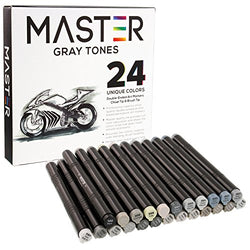 24 Color Master Markers Gray Tones Dual Tip Set - Double-Ended Grayscale Art Markers with Chisel