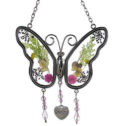 Kolin Grandma Butterfly Suncatcher Wind Chime with Pressed Flower Wings Embedded in Glass with Metal Trim Grandma Heart Charm - Gifts for Grandma