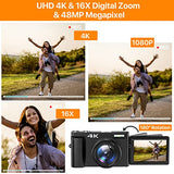 Vlogging Camera, 4K Digital Camera for YouTube Autofocus 16X Digital Zoom 48MP Video Cameras for Photography with 32GB SD Card, 180 Degree 3.0 inch Flip Screen, 2 Batteries and Charging Stand