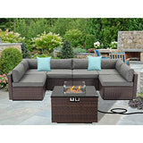 SUNBURY Outdoor 7 Piece Sectional Sofa Propane Fire Pit, Dark Brown Patio Furniture Set w 32-inch 40,000 BTU Square Wicker Fire Table Tank 20 gal Outside for Garden, Poolside, Backyard