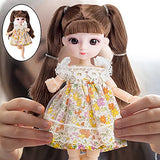 Fancyes Lovely Flexible 20cm BJD Doll with Dress & Shoes Full Set, Long Wig Hair, Fashion Doll, 1/8 Ball Joint Dolls, Play Doll Toy for Girls Birthday Gift - Brown