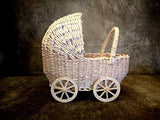 Doll stroller, miniature wicker shabby style pram for Lati Yellow 1:8 scale nursery scenes. buggy furniture