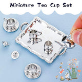 Skylety 2 Set Miniature Tea Cup Set Alloy Dollhouse Mini Tea Set Miniature Tea Lid Pot Cups Tray Set Silver Gold Miniature Kitchen Furniture Accessories for 1:12 Dollhouse Decor (Square Tray Style)
