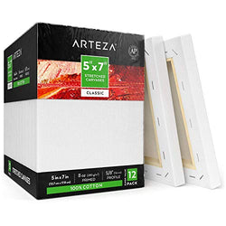 Arteza 5"x7" Stretched White Blank Canvas, Bulk (Pack of 12), Primed 100% Cotton, for Painting, Acrylic Pouring, Oil Paint & Wet Art Media, Canvases for Professional Artist, Hobby Painters & Beginner