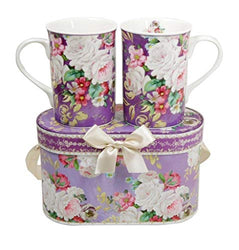 Lightahead Elegant Bone China Two Mugs set in Romantic Roses Design 11.2 oz each cup in