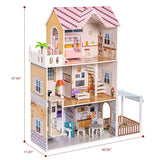 ROBOTIME Wood Dollhouse Pretend Play Doll House Toys w/Furniture, Movable Elevator, 5 Rooms, Balcony, Backyard, 13PCS, 47.44*11.81*40.94in, Gift for Toddlers Ages 3+…