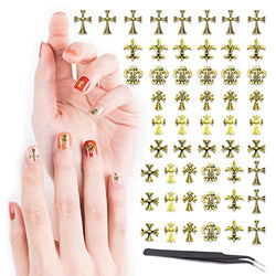 120Pcs 3D Metal Cross Nail Charms with a Nail Tweezer for DIY Punk Crosses Gothic Manicure Accessories Vintage Party Nail Art Decorations Kit for Women Girls (Gold)