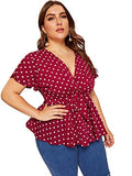 Romwe Womens Plus Size Polka Dots Knot Front Deep V Neck Short Sleeve Blouse Tops Red 2X Plus