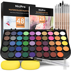 Nicpro Watercolor Paint Set, 48 Water Colors Kit with 8 Squirrel Brushes, Watercolor Pen, 25 Art Pad Paper, 2 Art Sponges, Painting Suppliers for Artists, Students, Kids, Adults