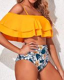 Tempt Me Women Yellow Two Piece Swimsuit High Waisted Bikini Off Shoulder Ruffle Bathing Suits S