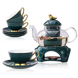 Clear Glass Teapot Tea Set with Removable Infuser,Includes 4 Ceramic Tea Cups and Saucers,1 Ceramic Warmer Base,Glass Tea Kettle with Strainer, Blooming Loose Leaf Tea Pot - Stovetop Safe