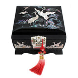 Mother of Pearl Music Bird Design Black Wooden Women Jewelry Mirror Trinket Keepsake Treasure Gift Musical Asian Lacquer Watch Ring Box Case Chest Organizer with Crane and Pine Tree