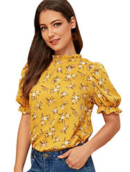 Romwe Women's Floral Print Ruffle Puff Short Sleeve Casual Blouse Tops Yellow #2 Large
