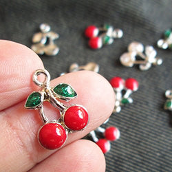 Red Cherry Charms 10 Pcs Enamalized New Year Green Red Fruit Charm (NS099)