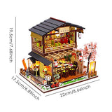 juman DIY Dollhouse Kit, Dollhouse Miniature Kit 3D Japanese Assembled Sushi Shop Handmade Wooden Dollhouse with LED Lights and Music Movement for Christmas Birthday Gift