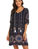 Halife Women 3/4 Sleeve Shift Dress Boho Tribal Print Summer Beach Dress Sundress Navy Blue,M