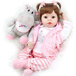 Aori Lifelike Reborn Baby Doll 22 Inch Real Looking Weighted Reborn Doll with Pink Clothes and Hippo Toy Accessories Best Birthday Set for Girls Age 3