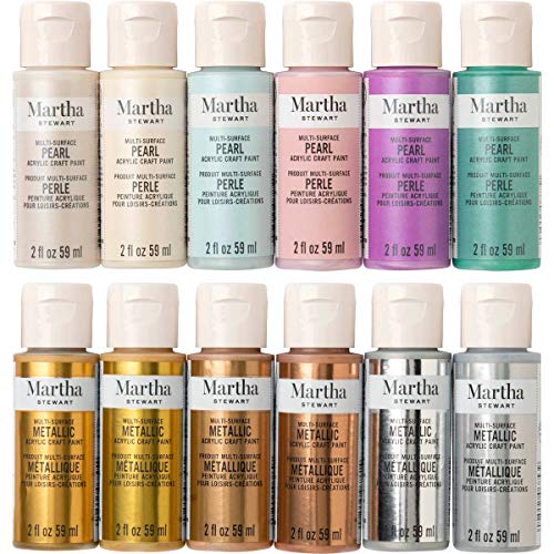 Martha Stewart Crafts 12 Color Multi-Surface Acrylic Craft Paint Set, 2oz, Metallics and Pearls