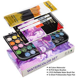 BRIOUT Watercolor Paint Set, 48 Colors Watercolor with 10 Paint Brushes,2 Refillable Water Brush Pen, 12 Sheets of Profesionales Watercolor Paper Pad,Water Colors for Adults,Kids and Beginners