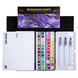 Tinge Artist Glitter Watercolor Paints, Half Pan 48 Colors, Set with 3 Water Brush Pens, Professional Metallic Solid Water Color, Black Metal Case with Palette for Artists, Students and Painting Beginners